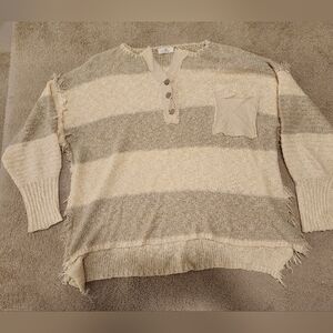 100% Cotton Oversized Striped Beige and Cream Distressed Sweater L Fits Up To 2X
